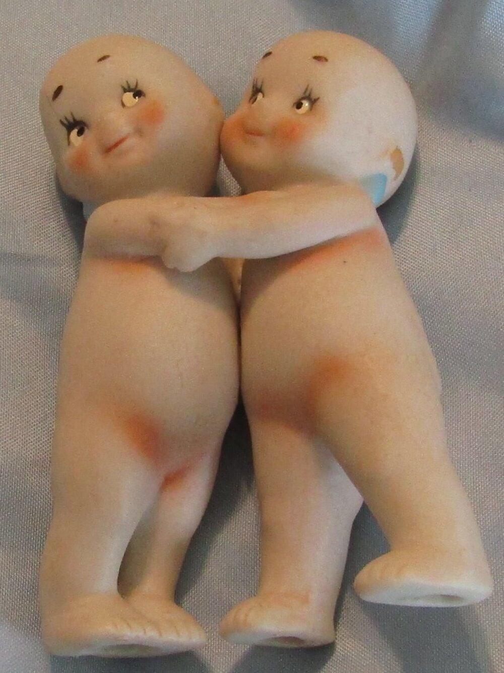 Antique Porcelain Bisque KEWPIE DOLL HUGGERS C1900S Plump w/Blue Angel Wings 3.5